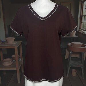 Coldwater Creek Women M Brown Embroidered V-Neck Short Sleeve Stretch Top Boho